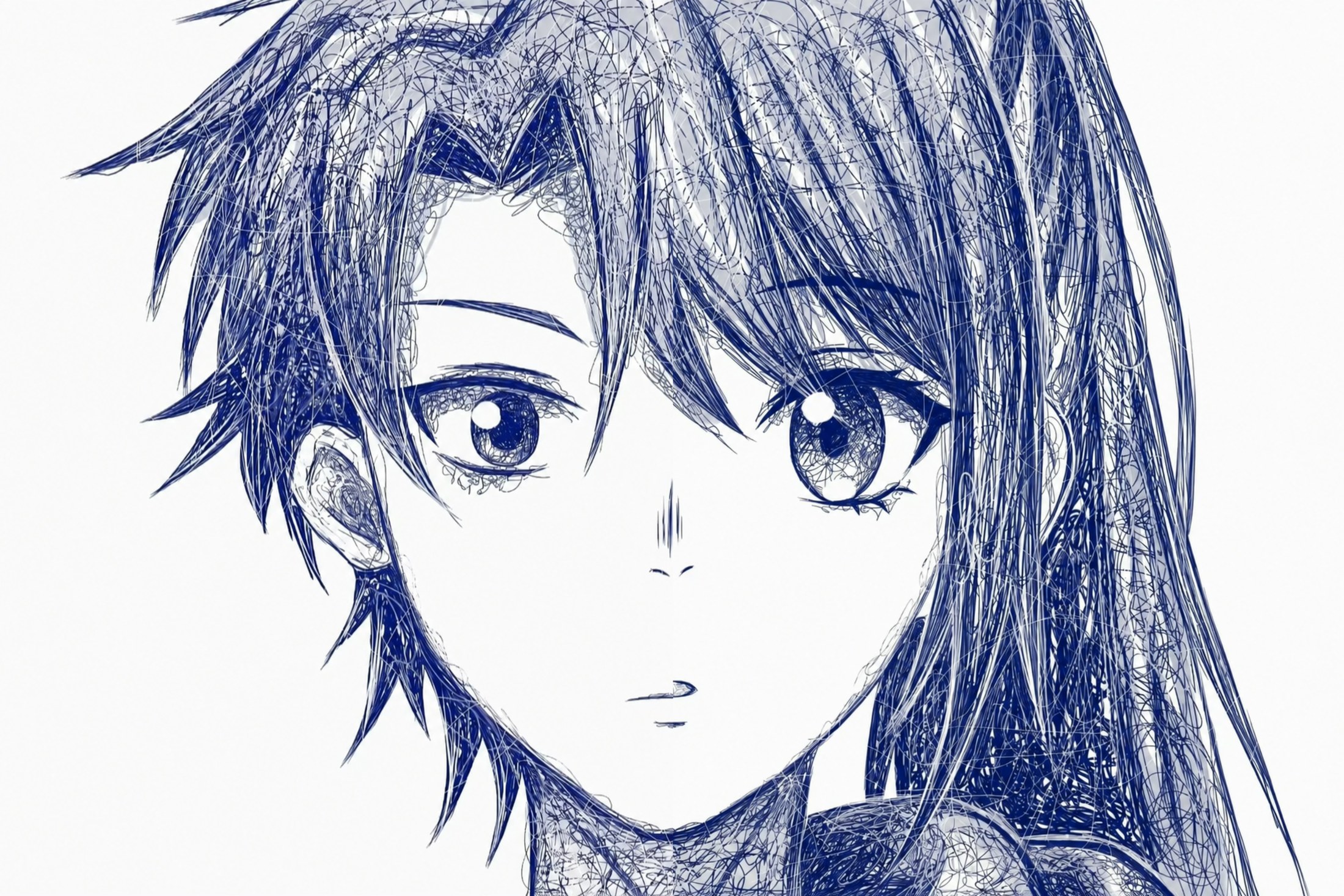 蓝色线条绘制的女孩肖像